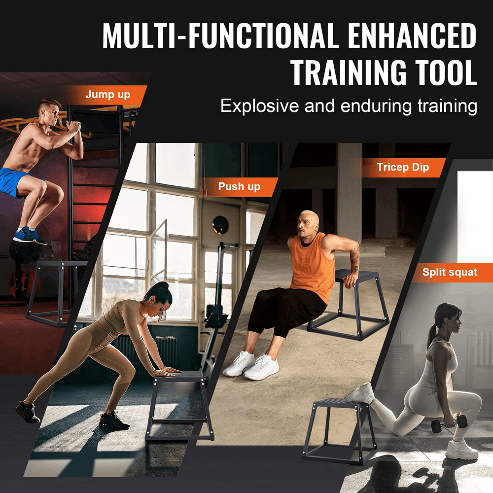 Alt Tag: Athletes using steel plyometric jump boxes for exercises like jump up, push up, tricep dip, and split squat in a gym setting.